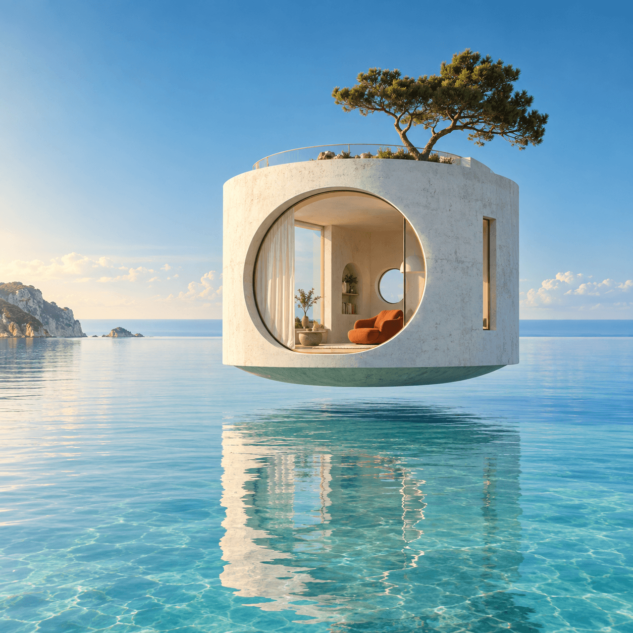 一座带圆形窗的混凝土小屋悬浮在平静海面，屋顶有一棵树